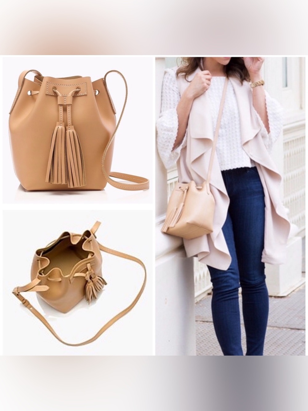 J. Crew Mini Bucket Tassel Leather Crossbody Purse Tan Cream EUC